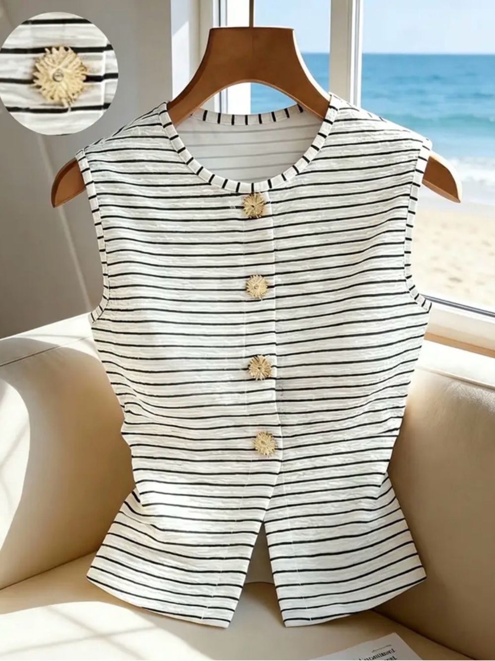 Striped Sleeveless Button Front Top with Sunburst Buttons - White & Black